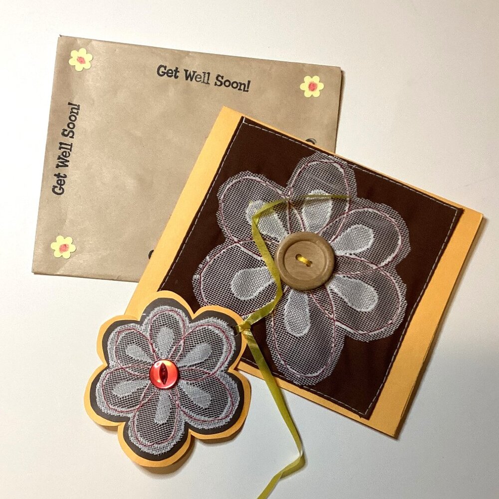 Handmade Get Well Greeting Card Brown Flower With Matching Gift Tag